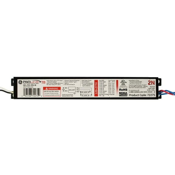 GE GE-232-MV-N Instant-Start Fluorescent Ballast, 2-Lamp, T8, F32T8, 120-277V