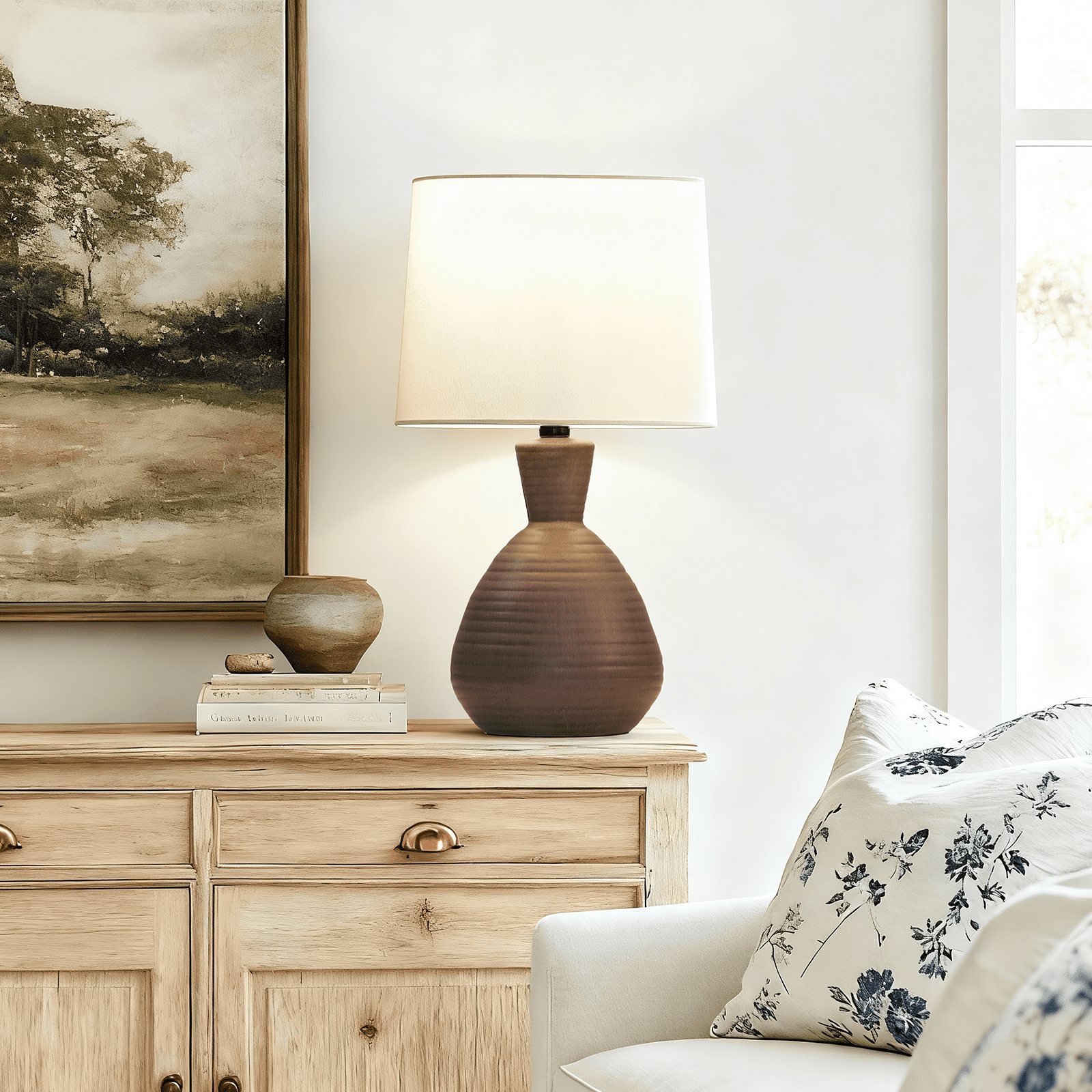 SUNMORY Table Lamps for Living Room, 3 Way Dimmable Ceramic Table Lamps 14.6" Small Space Cute Mushroom Lamp, Farmhouse Table Lamp for Bedroom, Dining, Home Office(Linen Shade)