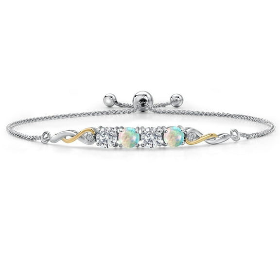Gem Stone King 925 Silver and 10K Yellow Gold White Lab Grown Diamond and Simulated White Opal Bracelet for Women | 2.02 Cttw | Gemstone April Birthstone | Round 5MM | Fully Adjustable 9 inch