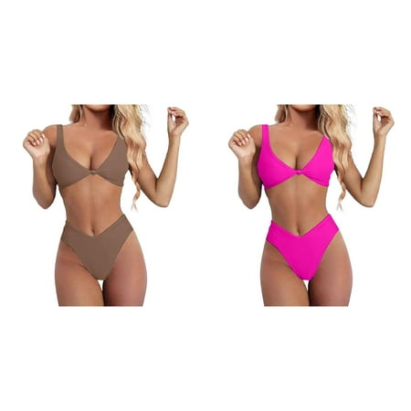 (2-Pack) Rinsvye Bikini Set for Women Womens Swimsuit Size 16 Solid V Neck Knot Board Shorts Set Front Push Up High Swimsuits for Women 3 Cute Leg Thong Two Piece Woman Swim Shorts Swimsuit