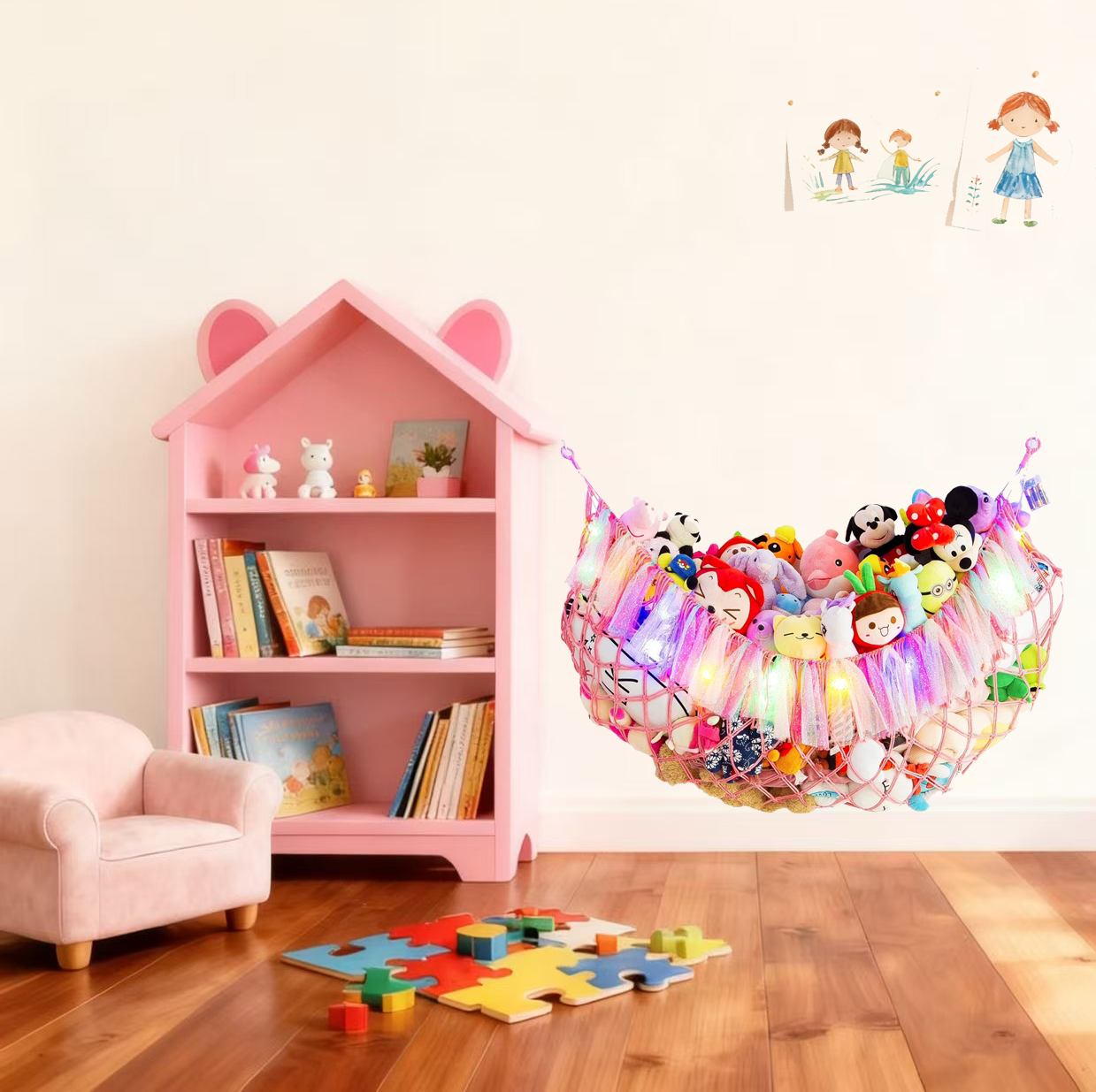 Large Stuffed Animal Hammock with Light Wall Mounted- Squishmallow Hammock Plushies Net Stuff Toy Organizer Boho Macrame Toy Hammock Corner Hanging Net for Nursery Storage Bedroom Playroom Decor-Pink