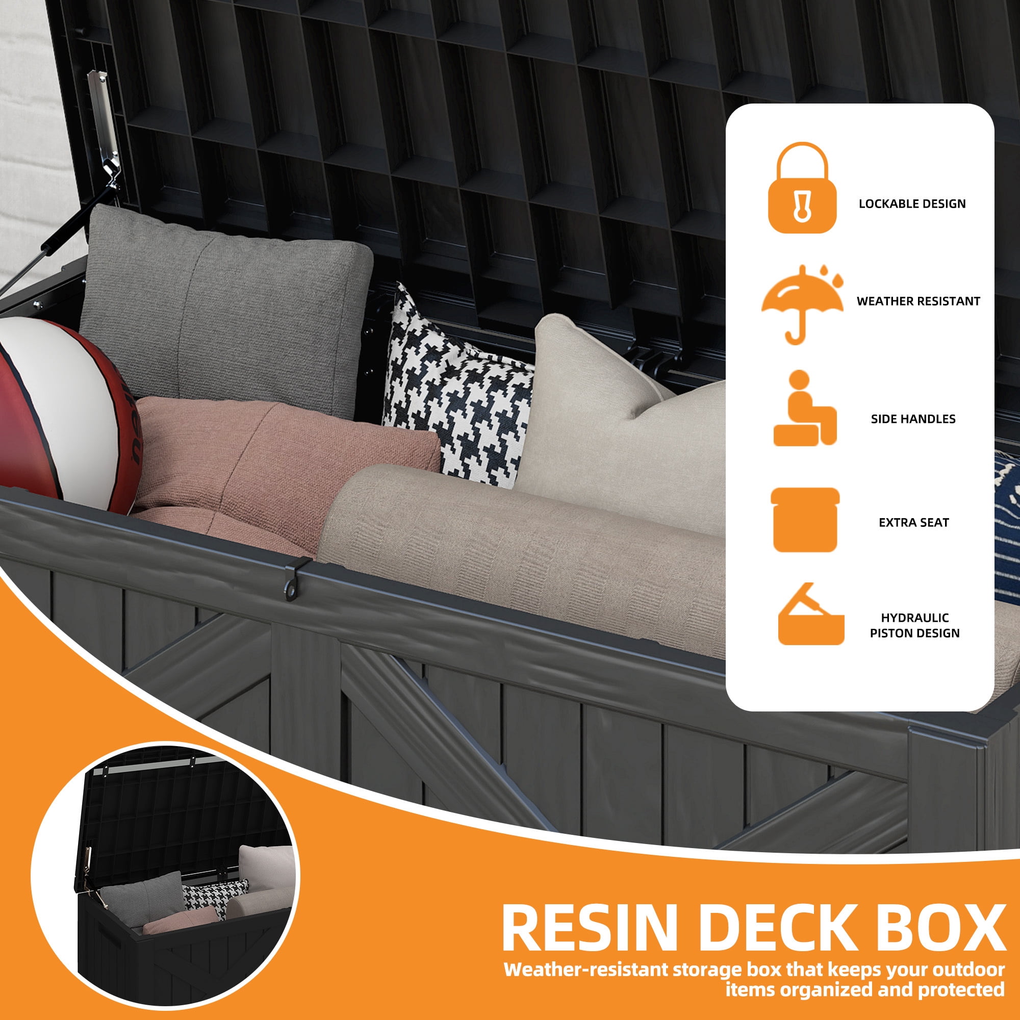 Uforic 120 Gallon Outdoor Waterproof Resin Deck Box, Weatherproof Storage Bench with 660 lbs Capacity, Dark Gray
