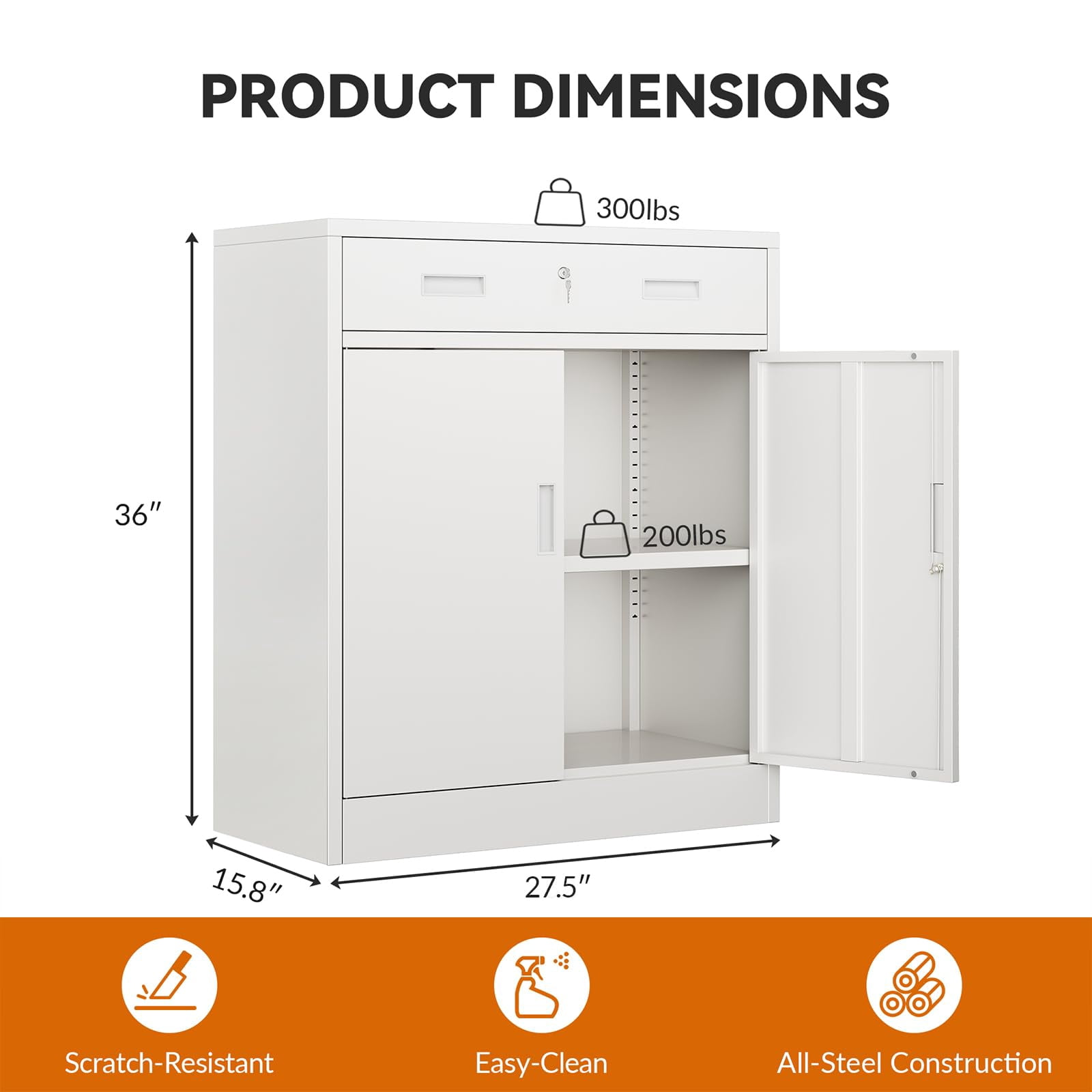 BESFUR Metal Garage Storage Cabinet with 2 Doors and 1 Drawer, Locking Stoage Cabinet for Garage, Classroom and Office - White