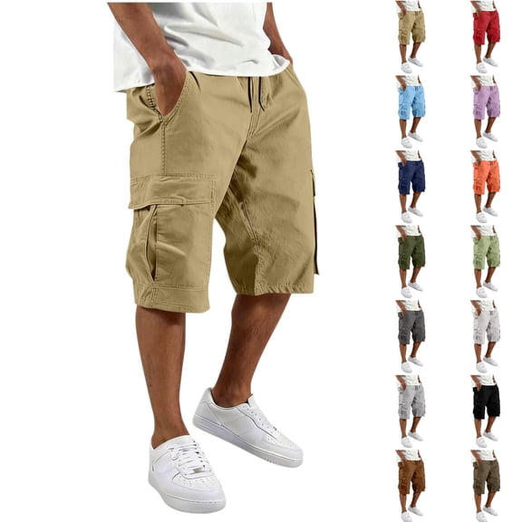 SGFCWSX Mens Relaxed Fit Below Knee Cargo Shorts Men Outdoor Multi-Pocket Casual Work Shorts for Summer Khaki Size XL