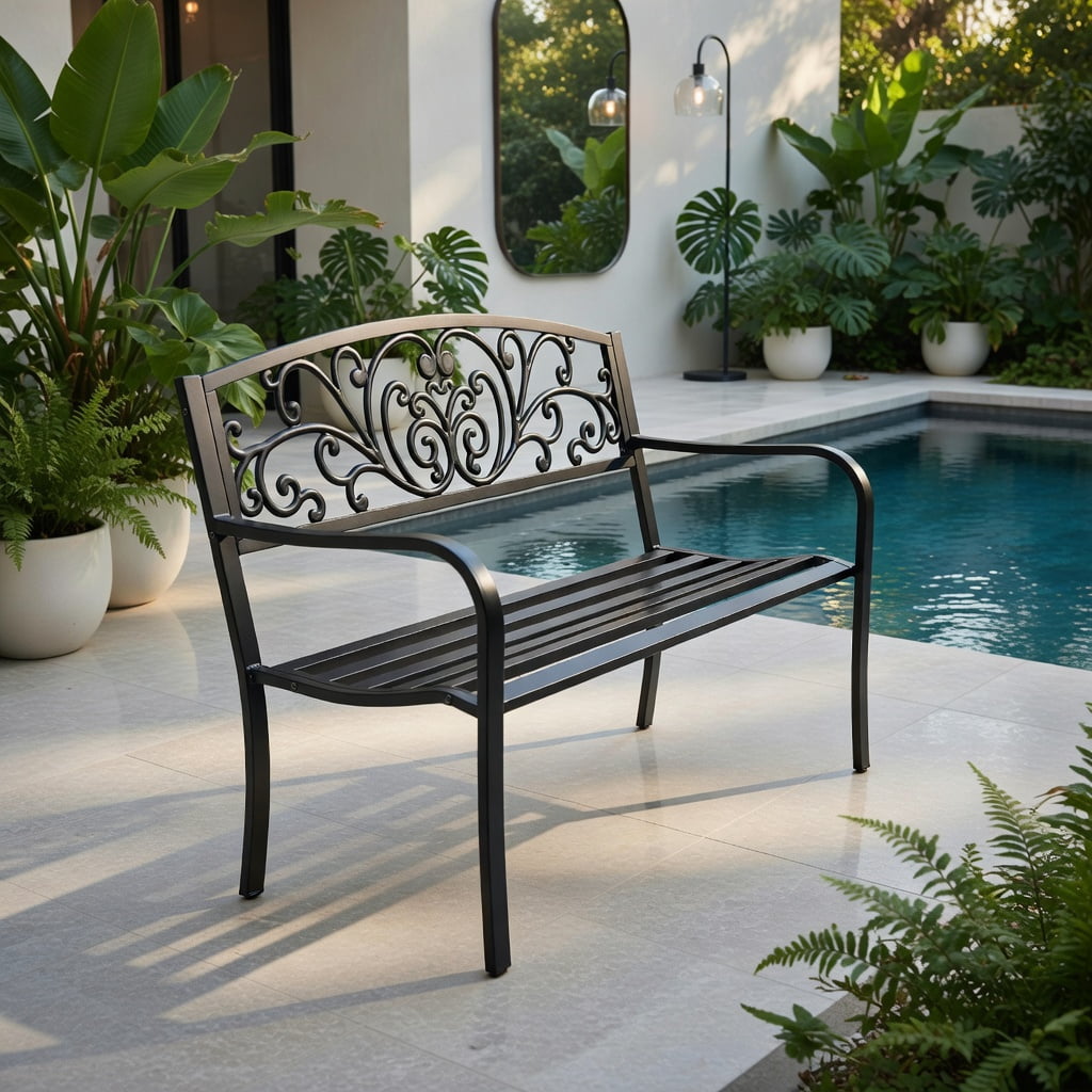 Hommoo 50" Outdoor Steel Frame Bench with Cast Iron Mesh Backrest, Heavy-Duty Patio, Garden & Deck Seating, Black