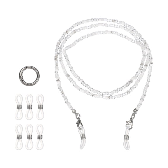 Uxcell Stylish Eyeglasses Chain for Woman, Glass Bead Mask Lanyard Chain Fashion Sunglasses Strap Holder Necklace with Anti-Slip Silicone Loops/Buckle, White/Clear