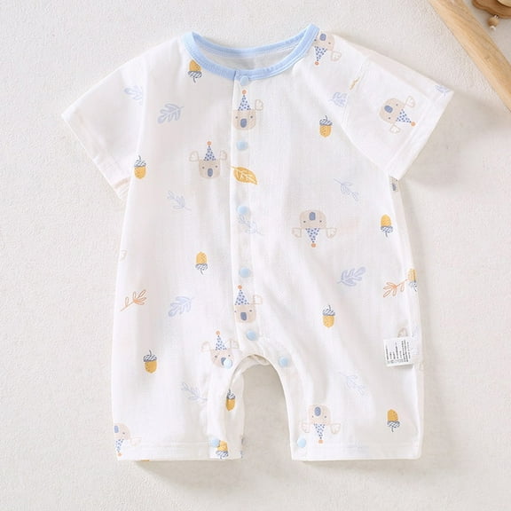 Nrmvnmi Newborn Baby Boys Girls Bodysuit Graphic Print Round Neck Short Sleeve Jumpsuits with Button Cotton Rompers Overall For 0-24 Months