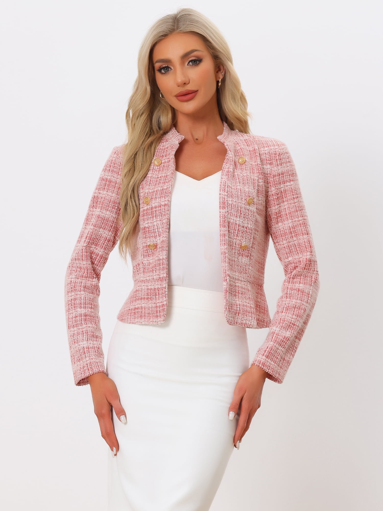 DARING DIVA Women's Elegant Stand Collar Business Plaid Tweed Blazer M Red