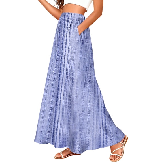LWavelet Women Striped Print Maxi Skirt Elastic Waist With Pockets Casual Long Skirt Purple L