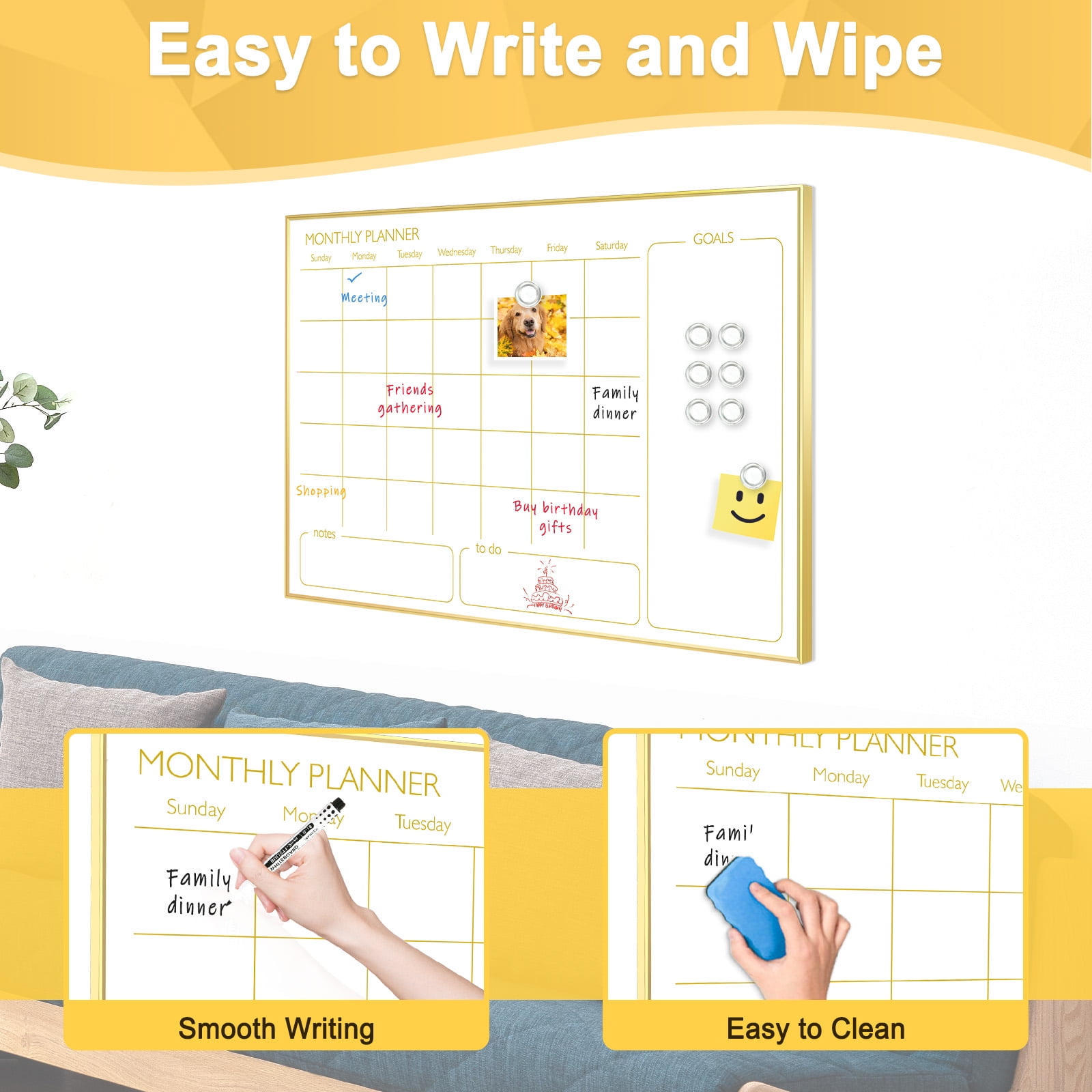 Monthly Calendar Whiteboard, 36"x24" Magnetic Dry Erase Calendar with Gold Frame, Wall Hanging Planner for Home, Office