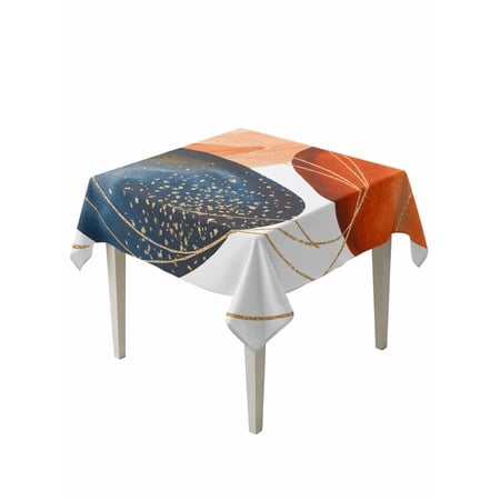 Boho Geometric Table Cloth, Waterproof Tablecloth for Square Tables, Orange Blue Abstract Patterned Gold Stripes Reusable Washable Fabric Table Cover for Restaurant Kitchen Dining Tables 54"x54"