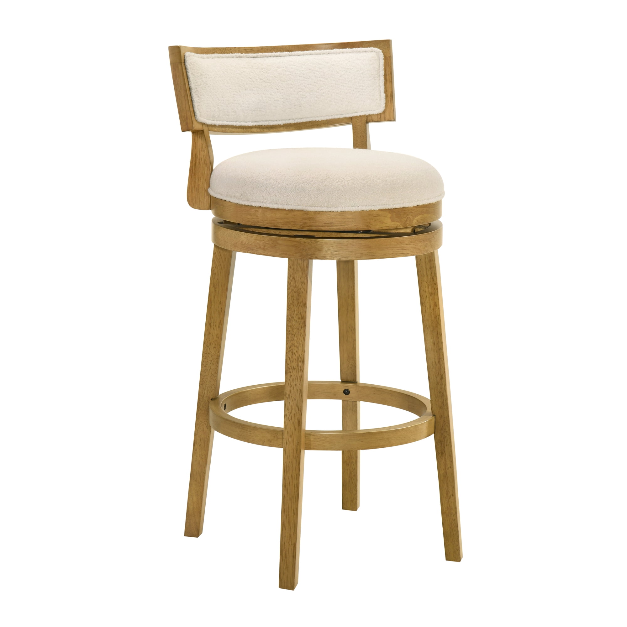 Noely Modern Farmhouse Swivel Wood Bar Height Kitchen Bar Stool in Amber Glow Finish with White Boucle Fabric Upholstered Seat - Set of 2