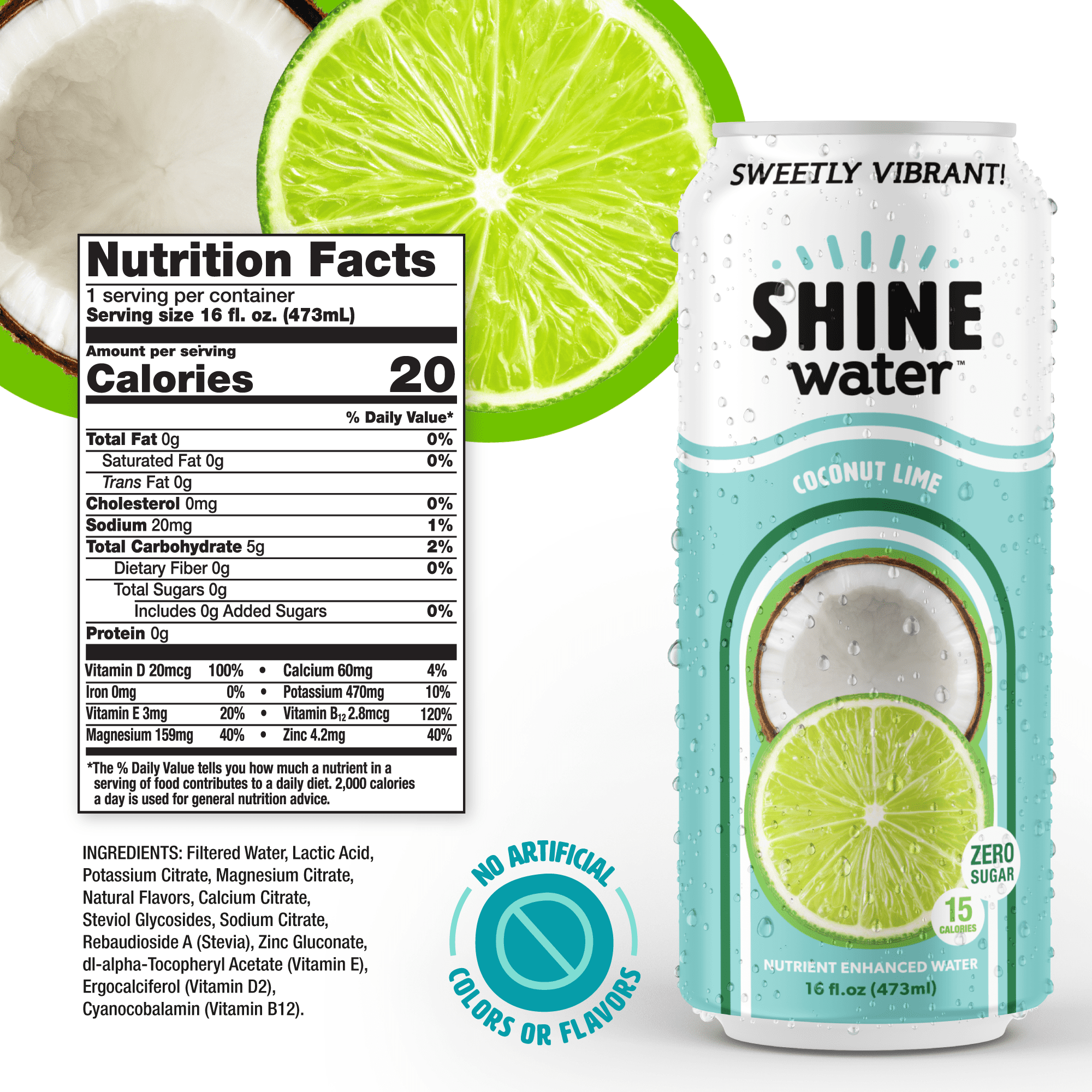 Shine Water Coconut Lime Vitamin D Electrolyte Drinks 12-Pack, Sugar Free Flavored Water with Magnesium, Zinc & Antioxidants, Low Calorie Hydration