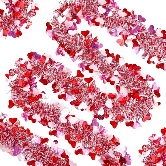 NOGIS 3 Strings Total 19.7 ft Valentine's Day Tinsel Garlands - Each 6.6 ft Metallic Fringe Garland with Hearts Hanging Glitter Streamers for Wedding, Engagement, Romantic Love Decorations