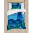 thumbnail image 1 of Fairy Tale Twin Size Duvet Cover Set, Lonely Castle on the Hill Beyond the Mountains and Full Moon, Decorative 2 Piece Bedding Set with 1 Pillow Sham, Blue Jade Green Pale Yellow, by Ambesonne, 1 of 3