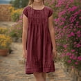 thumbnail image 2 of Milgrthf Robe en Lin pour Fille Robes d'Été Vintage Col Rond Manches Courtes Robes Robe T-Shirt Froncée Tenue Décontractée de Vacances Rouge 13 Ans, 2 of 7