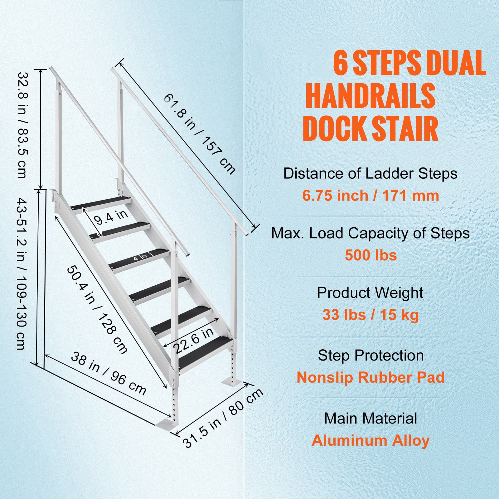 VEVOR Aluminum Dock Ladder Boat Dock Ladder 43-51in Height Adjustable 6 Steps