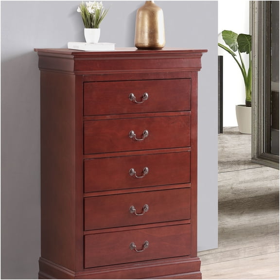 JERFIT Traditional Cherry Wood Chest of Drawers with Carved Base, Curved Mouldings & Dovetailed Drawers for Bedroom Storage