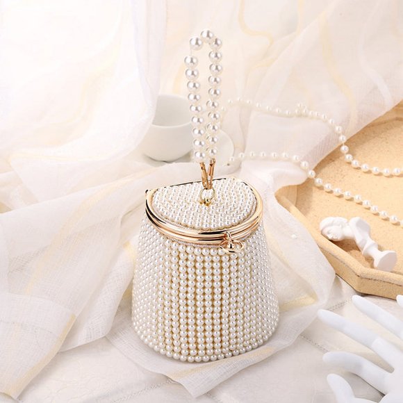 Jinsinto Women Beaded Pearl Purse, Mini Evening Clutch Bag, Small Lady Party Prom Wedding Handmade Handle Handbag