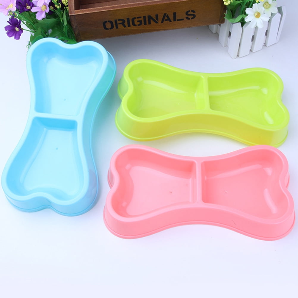 USHOBE Pink Puppy Feeding Bowl Double Bowls Bone Shape Space Saving Tip Resistant for Home Use