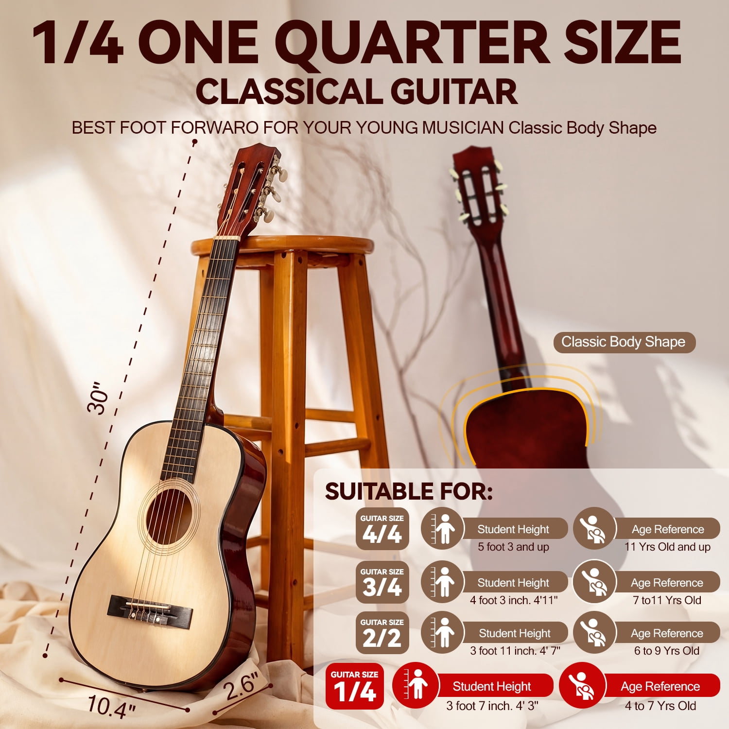 FUJILI 30 Inch Kids Acoustic Guitar Beginner Set with Strap & Picks, Classical Wooden Guitar for Kids Ages 5-12, Junior Starter Guitar Toy for Learning Music, Starter Acoustic Guitar Kit for 8-10