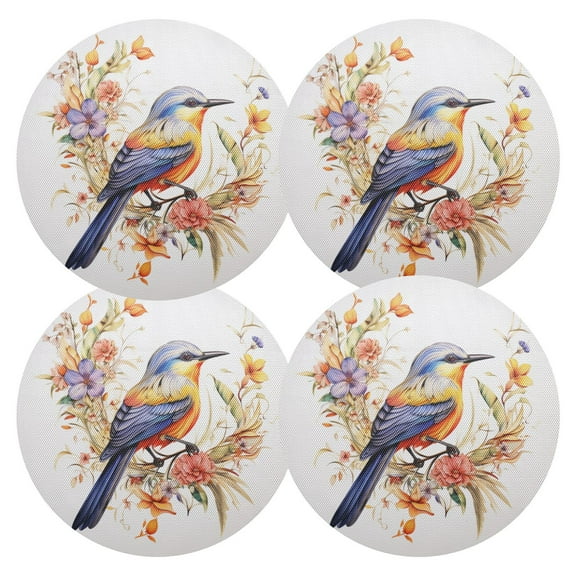 Ryvnso Bird on Floral Branch Round Plate Mats Dining Table Placemat Set of 4 for Holiday Decoration