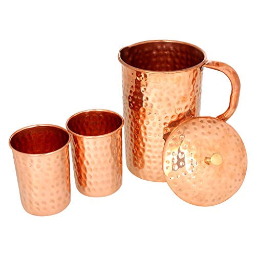 Pure 100% Copper Handmade Water Jug Pitcher With 2 Pc Glass Tumbler For Health 