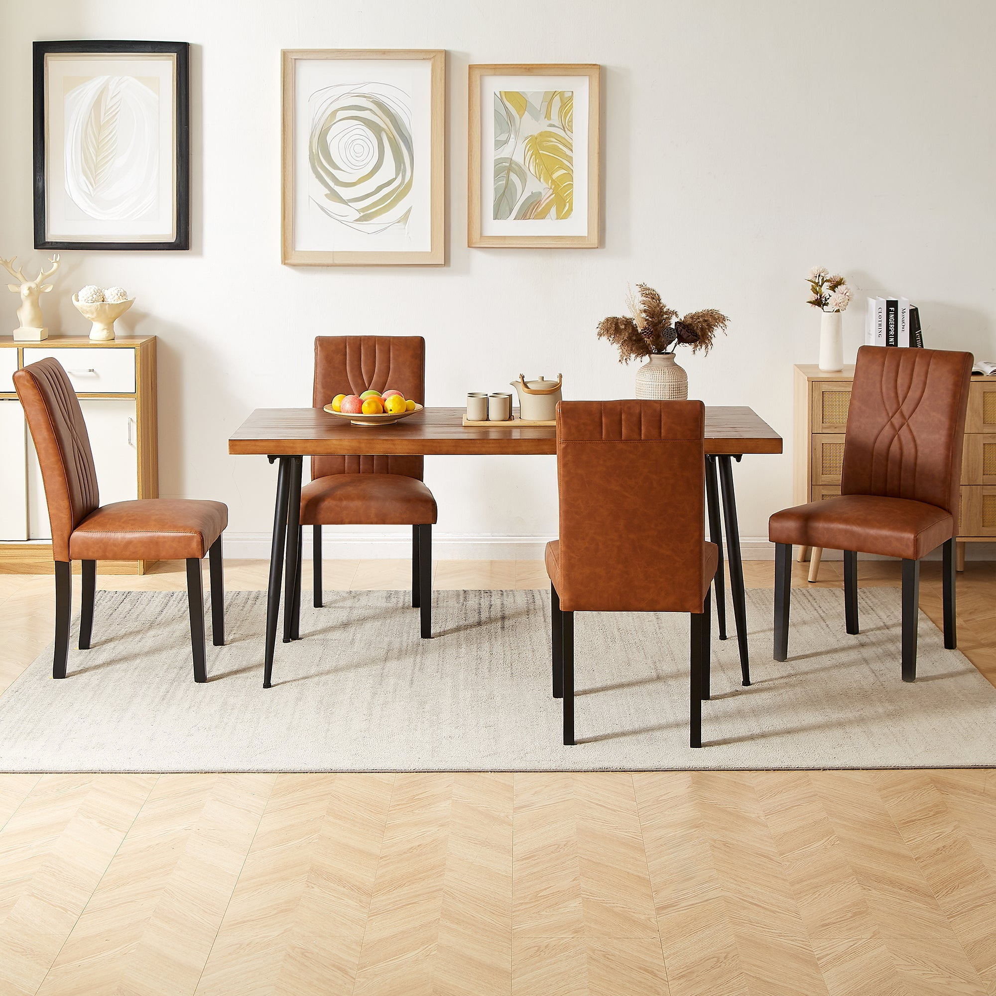 VECELO Upholstered Dining Chairs, Modern PU Leather High Back Chair with Wood Legs for Kitchen, Living Room, Set of 6, Brown