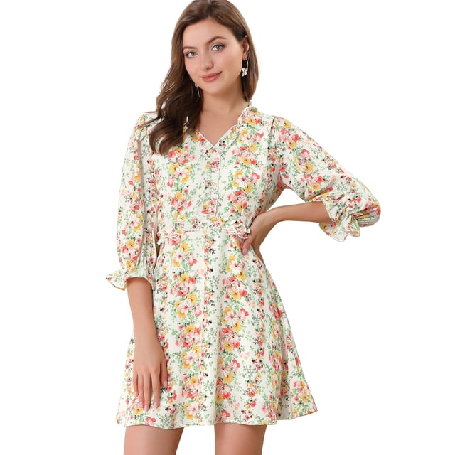 Vestido Acampanado Floral Volante Fruncido Manga 3/4 De Soplo Cuello Pico Para Mujer Blanco L