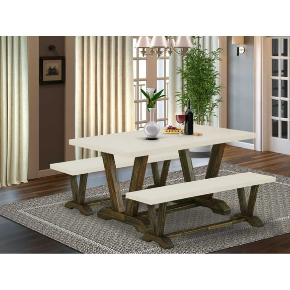 East West Furniture V2-726 3 Piece Dining Room Table Set - 1 Linen White Dining Table and 2 Wood Benches - Reliable and Sturdy Construction - Distressed Jacobean Finish