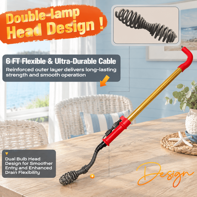 6ft Toilet Auger Drain Snake with Dual Bulb Head, Heavy-Duty Clog ...