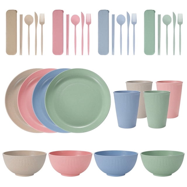 Nvzi Wheat Straw Dinnerware Sets, 32-Piece Plates and Bowls Sets, Cutlery, Microwave Safe Unbreakable Dinnerware for Parties, Picnic, College Dorm, Camping Light colour multicolour