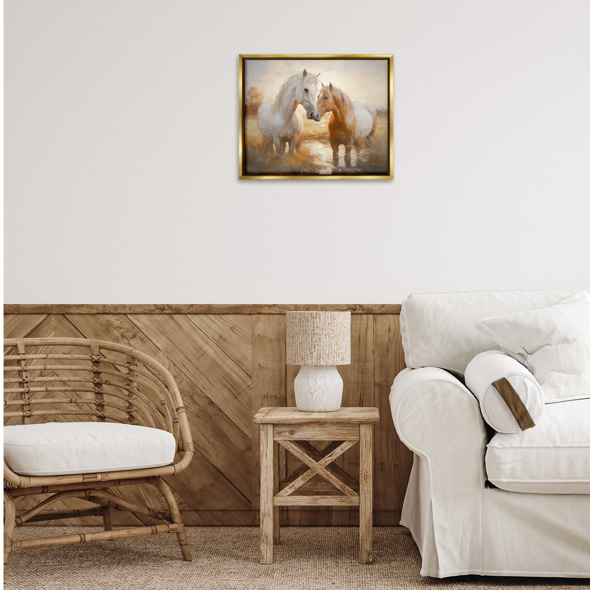 Stupell Industries Horse Pair in River Animals & Insects Painting Gold Floater Framed Canvas Art Print Wall Art, 21 x 17