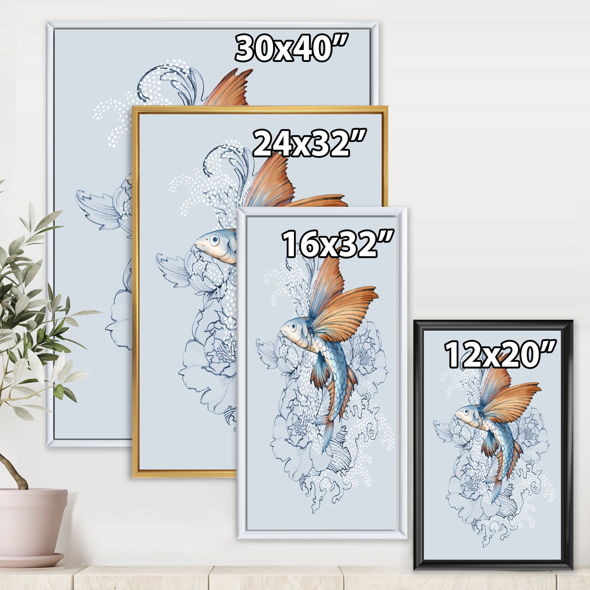 Designart 'Flying Fish and Peonies' Traditional Framed Canvas Wall Art Print