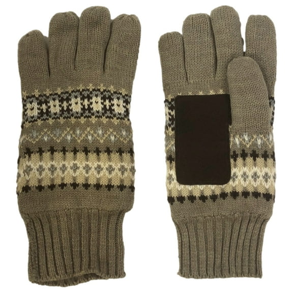 Mens Brown Geometric Print Knit Gloves Fleece Lined One Size