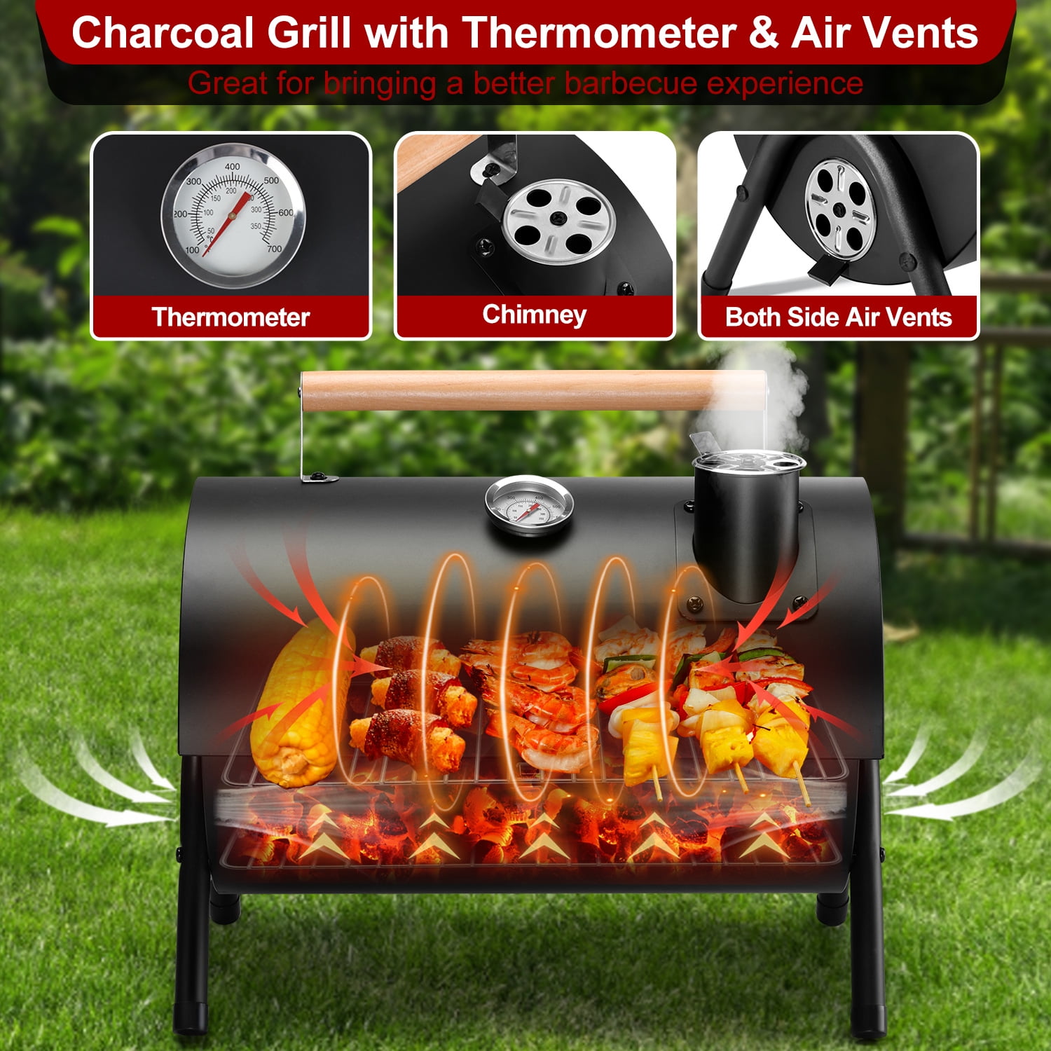 Walchoice Tabletop Charcoal Grill with Thermometer & Chimney, Small Portable Barbecue Grill for Outdoor Cooking Camping Picnic Backyard Beach - Black