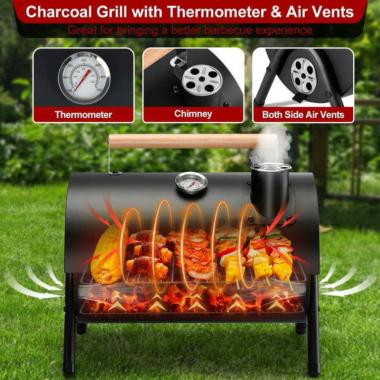 Charmline Opvouwbare draagbare houtskoolgrill, 42 x 33 cm, compacte draagbare grill voor buiten, BBQ grill voor camping, picknicks, tuinen en strandfeesten, zwart