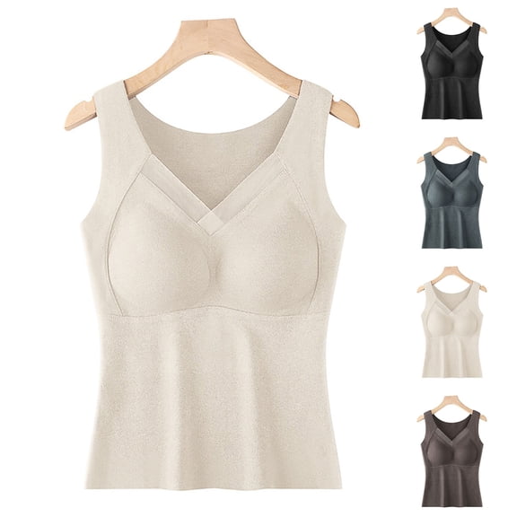 Siminsem Women's Built-in Bra Tank Top Padded Camisole Wireless Vest Top with Removable Cups Base Layer Sleeveless Cami Bra Alternative for Daily Wear, Beige,L