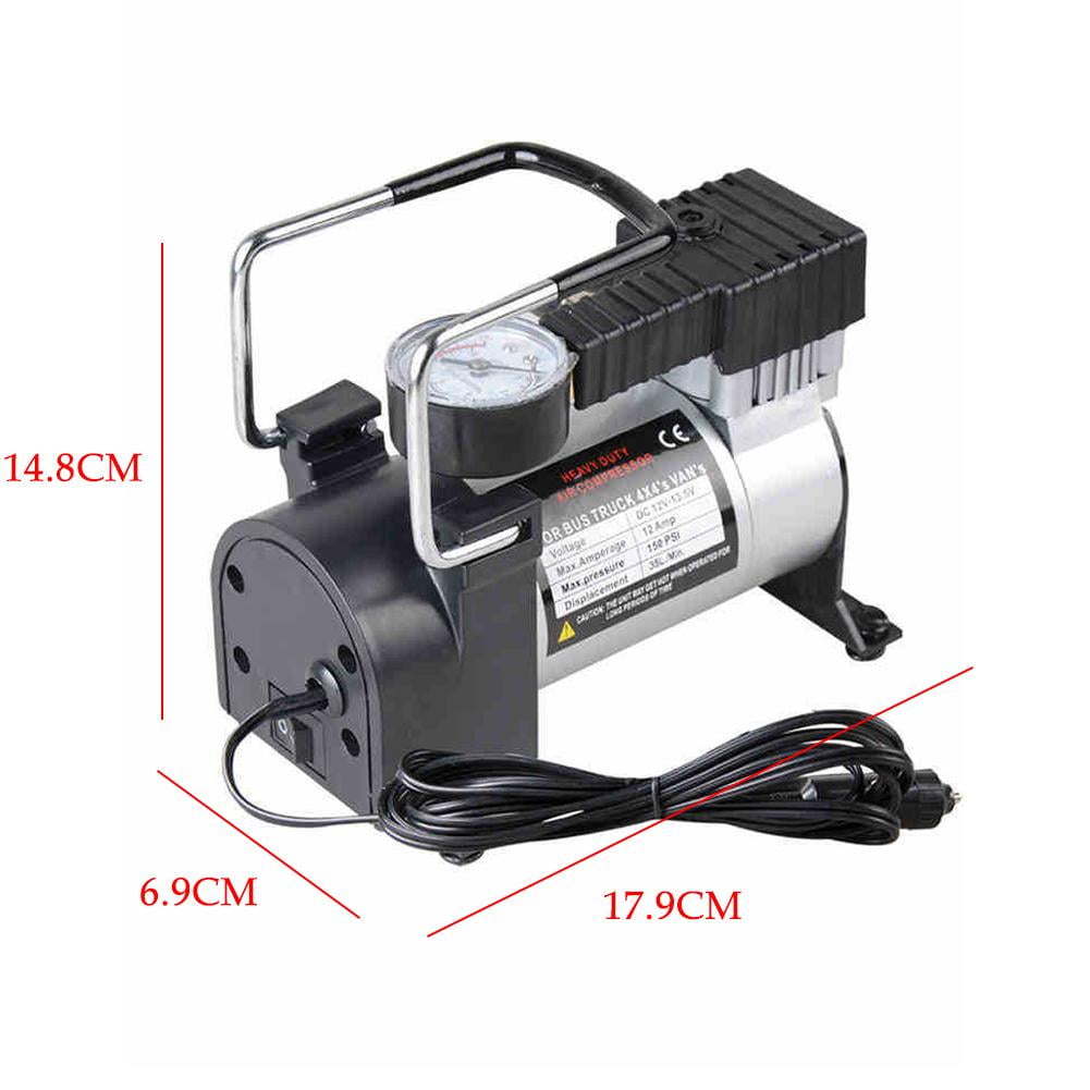 Portable Electric Air Inflator - 12V Car Tire Pump - 200 PSI Pressure Gauge - For Balls, Beds & Kayaks - Emergency Use on Road