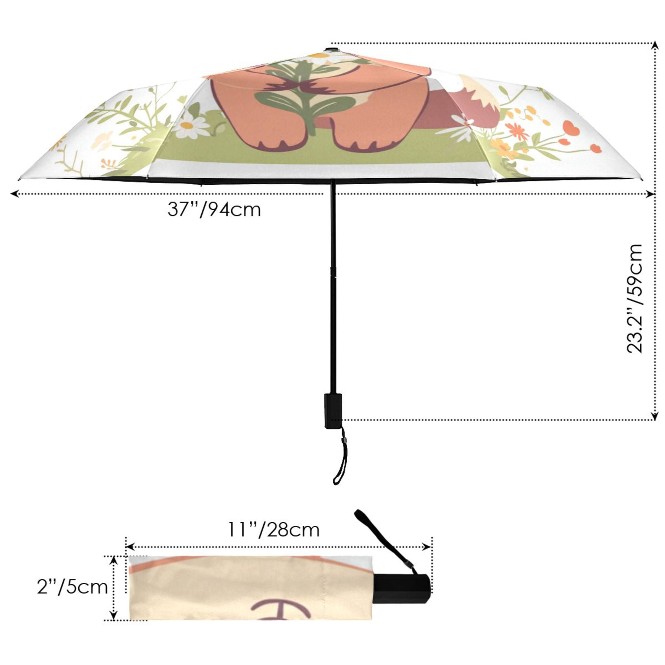 Cute Fox Holding Flowers All Weather Umbrella Triple Folding Parasol 6 Ribs UV Protection Portable