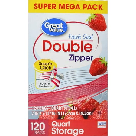 Great Value Double Zipper Storage Bags, Quart, 120 Count