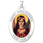 Saint Philomena Oval Religious Color Medal  - 1/2 X 2/3 Inch Size of Dime, Sterling Silver
