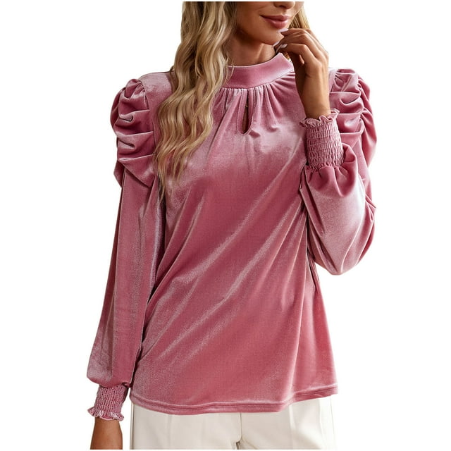 Yuyuzo Velvet Tops for Women Long Sleeve Crewneck Ruffle Shoulder Pullover Shirts Fall Solid Color Tops