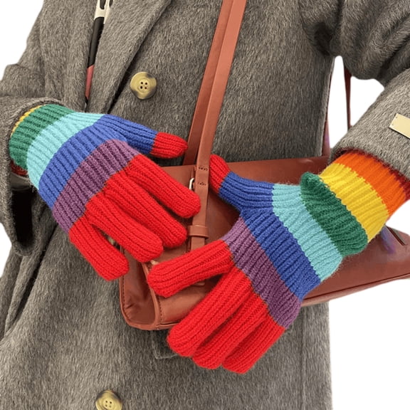 COOLHOOD Rainbow Color Stripe Knitted Gloves Winter Full Finger Thicken Warm Christmas Gloves for Girlfriend