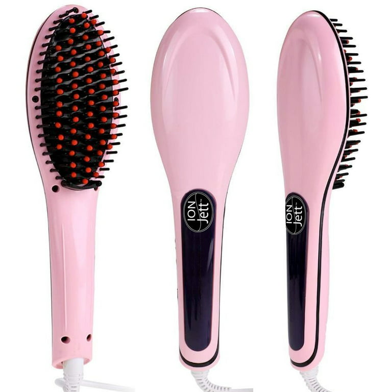 Ceramic Heating Anti Static Detangling Hair Straightener Brush - Pink -  