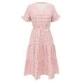 thumbnail image 4 of Fsqjgq Square Neck Dress for Women Female A Line New Pleated Wrap Lace up Short Sleeve Square Collar Long Plaid Dress Red Size 2Xl, 4 of 5