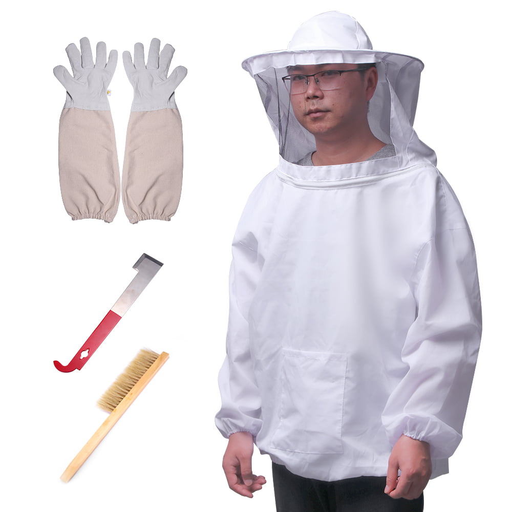 4Pcs/Set Safe Bee-Proof BeeKeeping Veil Suit+Gloves+Bee Hive Brush+J Hook Tool 