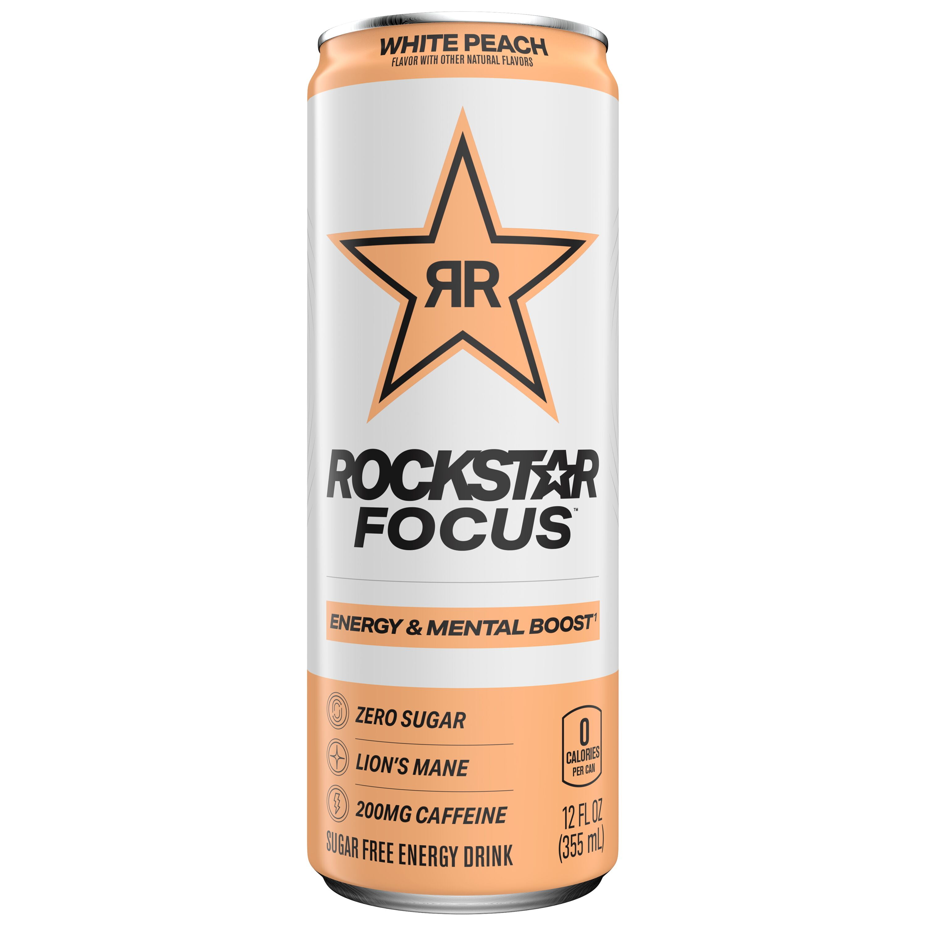 Rockstar Focus Zero Sugar Energy Drink, White Peach Flavor, Lion’s Mane, Energy & Mental Boost, 12 oz 12 Pack Cans