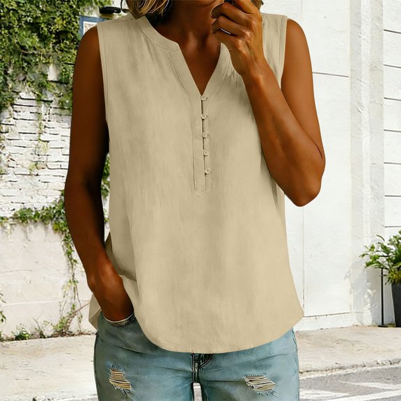 ClodeEU Women's Sleeveless V Neck Linen Blouse, Casual Loose Fit Breath Summer Tank Top Beige,Women's Plus L