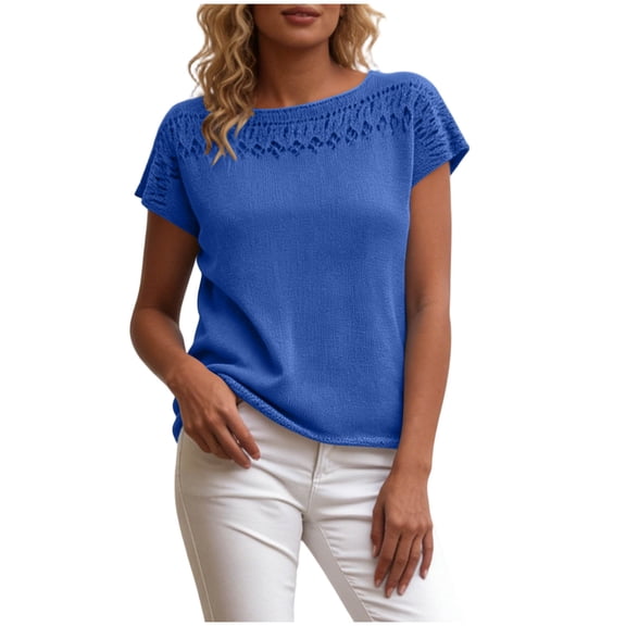 ClodeEU Women's Crewneck Short Sleeve Top with Cutout ,Casual Solid Color Summer Blouse Blue,Women's Plus L